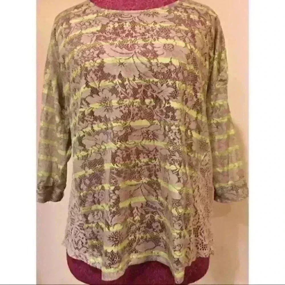 Style & Co Top Green Brown Floral 3/4 Sleeve